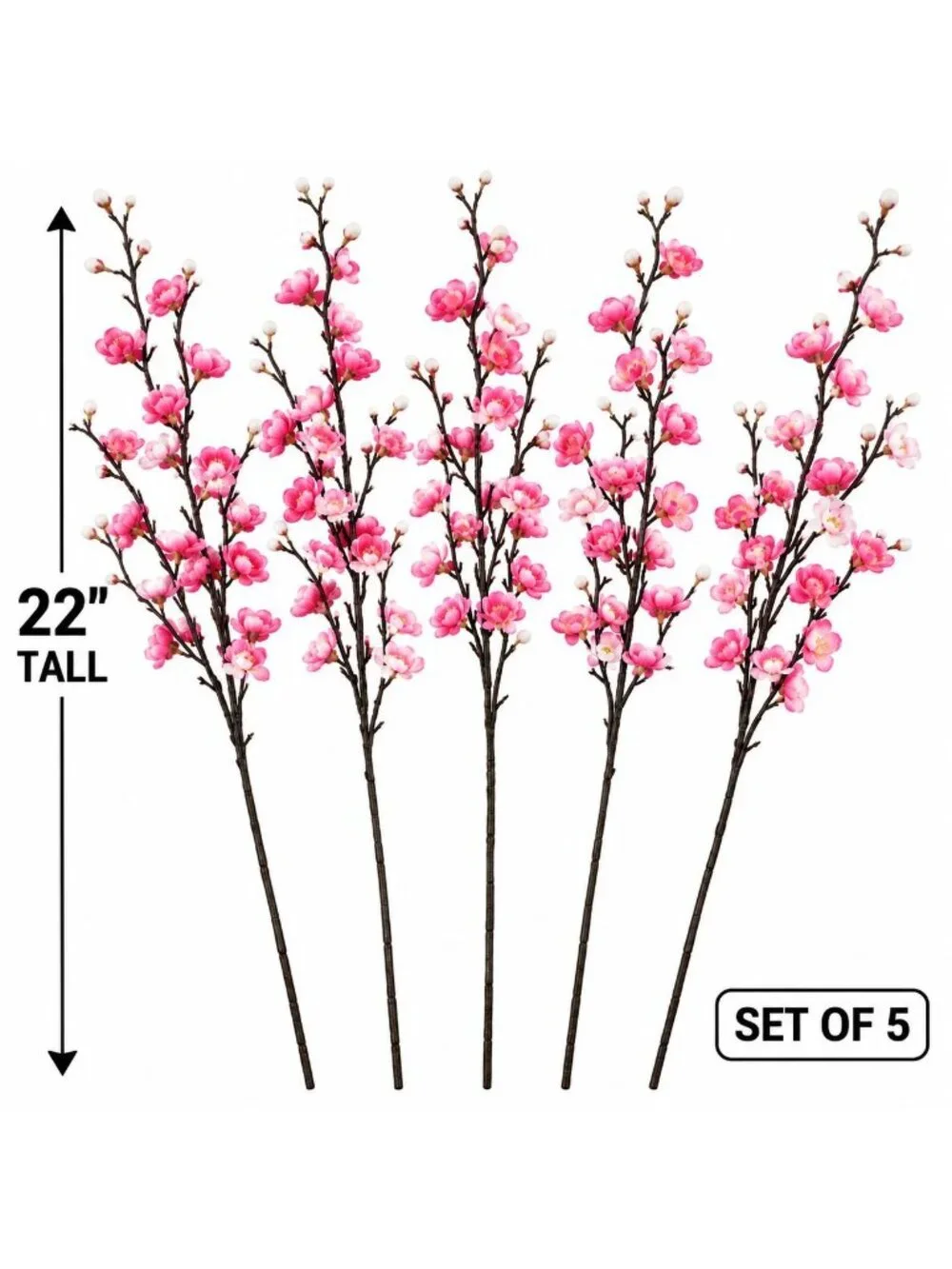 Pink Artificial Cherry Blossom Stems Set of 5, 22 Inch Faux Floral Branches, Spr